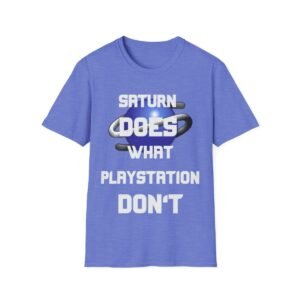 Saturn Does What Playstation Don't, White on Dark, Sega Saturn, Unisex Softstyle T-Shirt