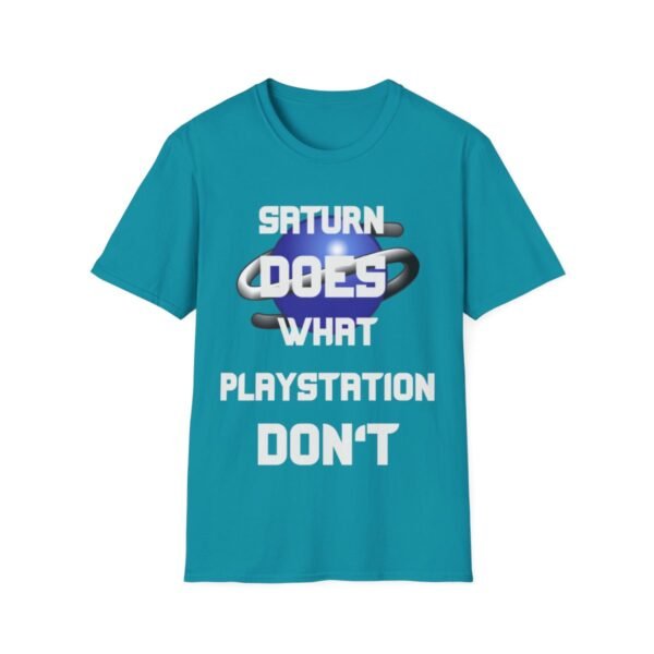 Saturn Does What Playstation Don't, White on Dark, Sega Saturn, Unisex Softstyle T-Shirt - Image 97